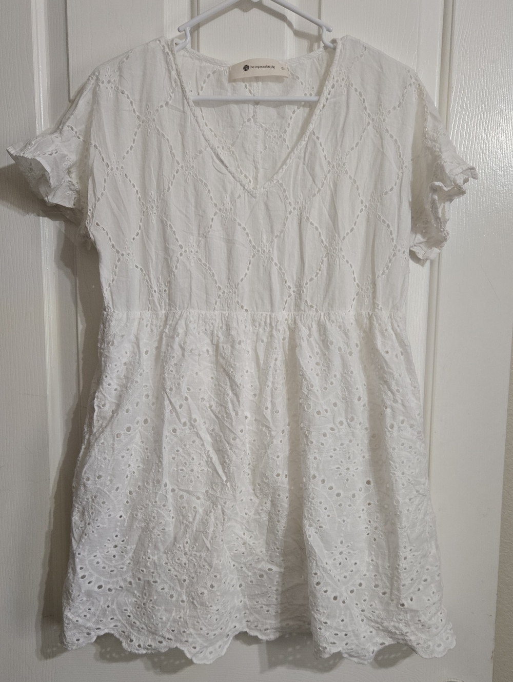 The Impeccable Pig White Eyelet V-Neck Mini Dress